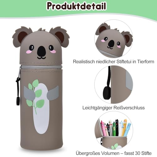 LVZONGXIN Kawaii Federmäppchen, 2-in-1 Weiche Silikontasche - Tischstifthalter, Reißverschluss, Silikon, Stiftetasche Buntstifte Marker, H 18,5 cm (Koala)