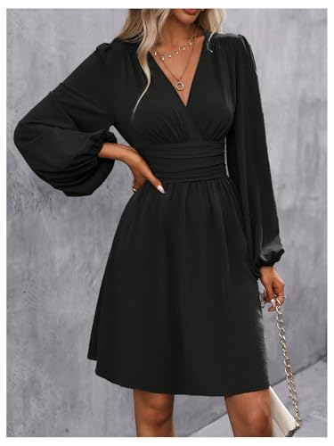 Image of SOLY HUX Women's Elegant Dress V Neck Long Sleeve High Waist Swing Prom Cocktail Short Dresses