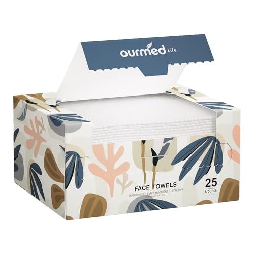 Image of Ourmed Life Face Towels, Disposable Biodegradable Facial Towels for Sensitive Skin, Lint- free Face Wipes for Washing Face, Skincare and Makeup Remover, Dry Wipes, 10 inchx12 inch Extra Large, 25 Count
