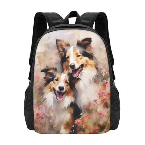 Compact Unisex 17 Inch Backpack Dogs Flowers Watercolor Streamlined Design for Urban Mobility Quick Trips & Daily Tasks