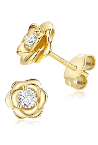 Rose Flower Gold Plated Stud Earrings For Women 925 Sterling Silver Post,Cubic Zirconia Hypoallergenic & Nickel Free Jewelry