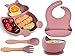 Hoseay Assiette Bébé Set Repas avec Ventouse, Lot de 5 Silicone Vaisselle Enfant Fille Antiderapant Bol Assiette Bebe Bavoirs Fourchette Cuillère Sans BPA Passe Lave Vaisselle et Micro Onde, Rose
