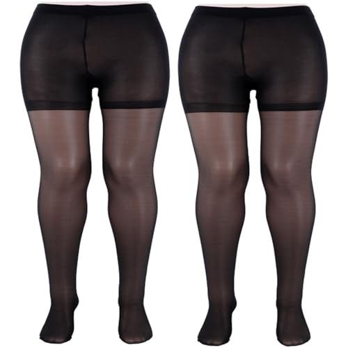Image of Piriuuo 2 Pairs Plus Size Sheer Tights for Women, Plus Size Stockings 20D Control Top Pantyhose with Reinforced Toes Ultra Thin High Waist Black Pantyhose Stockings