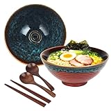 JIYANA 2 x 1200ml Bol Ramen Japonais en Céramique avec Baguettes et Cuillères, Grand Bol à Ramen 20cm, Ramen Bowl Set, Bols Ramen, Bol Japonais, Bol Ramen Avec Couvercle pour Ramen et Nouilles