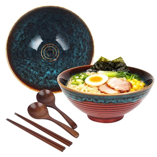 JIYANA 2 x 1200ml Bol Ramen Set de Cerámica con Palillos Japoneses y Cucharas, Cuenco Ramen de 20cm, Ramen Bowl Grande para Fideos Ramen y Noodles, Cuencos para Sopa y Ensalada