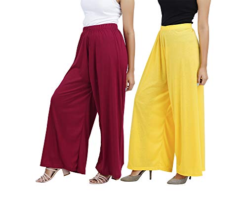 Image of Buy That Trendz M to 4XL Cotton Viscose Loose Fit Flared Wide Leg Palazzo Pants for Women Maroon Yellow Combo Pack of 2