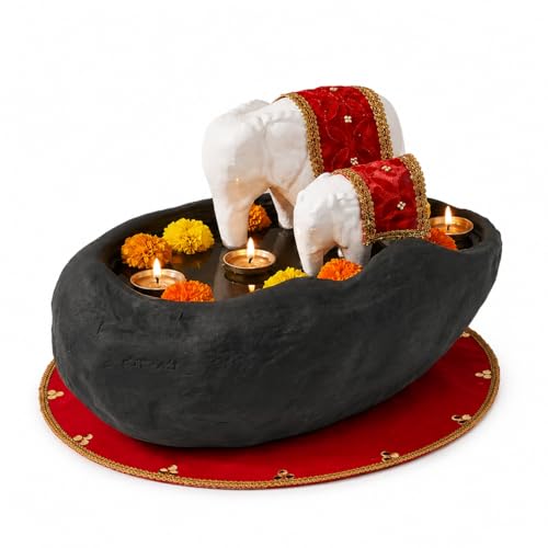 Image of Greymode Yaanai Uruli (White Elephant with Mother & Baby Love) Resembles a Strong Family Bond | Perfect for Home Decor (Divya Kshetram (Uruli + Vasthram + Shuddha peetam))