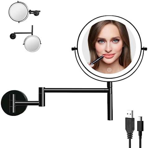 9″ Rechargeable Lighted Wall Mounted Makeup Mirror, Height Adjustable 9 Inch Double Sided 1X 10X Magnifying Bathroom Vanity Mirror, 3 Color Lights & Stepless Dimming, 14″ Extended 360° Rotation