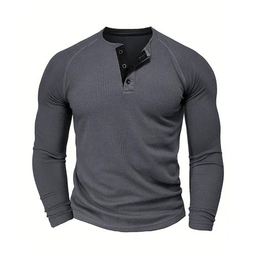 Men's Henley T-Shirt Long Sleeve Casual Lightweight Button Pullover Shirts Soft Stretch Basic Waffle Tees Fall Tops