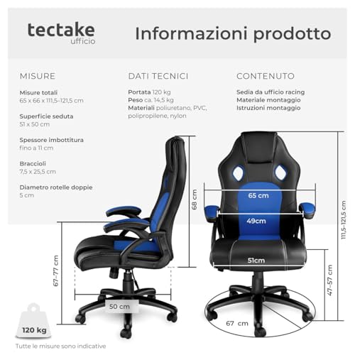 Tectake® Sedia Ergonomica Da Ufficio, Sedia Gaming Con Ruote, Sedia Scrivania Con Base Robusta, Poltrona Con Imbottitura Spessa, Poltrona Gaming, Adattamento Ottimale - Nero/Blu - 3