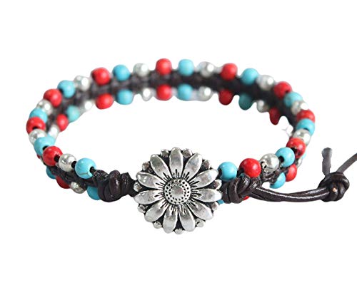 Leather Flower Bracelets For Women, Flower Jewelry For Girl, Daisy Leather Wrap Bracelet, Birthstone Turquoise Red Coral Beads Gifts For Her