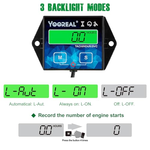 Yooreal Digital Backlight Tachometer Hour Meter,Resettable Hours,Replaceable Battery Engine for Lawn Mower Generator Chainsaw Outboard Motor Snowblower Gas Powered Equipment (YR-HM011G)