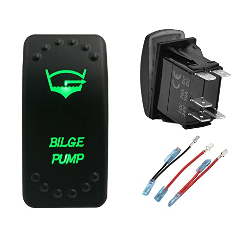 Image of Green Backlit Rocker Switch 5 Pin ON-Off Laser Etched Button Switch with Wires for Car Marine Boat UTV 20A /12V 10A /24V (Bilge Pump)