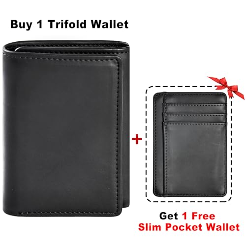 Trifold Wallet for Men, Leather Wallets with 8 Card Slot and 2 Money Pocket and 1 Clear Photo Slot + 1 Minimalist Leather Card Pocket with 6 Card Slot and 1 Transparent Windows Slot - Black2