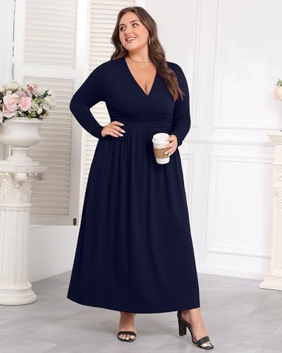 Image of COSSEN Womens Plus Size Maxi Dresses for Curvy Women 2026 Casual Ladies V Neck Flowy Swing Long Dress with Pockets XL-5XL