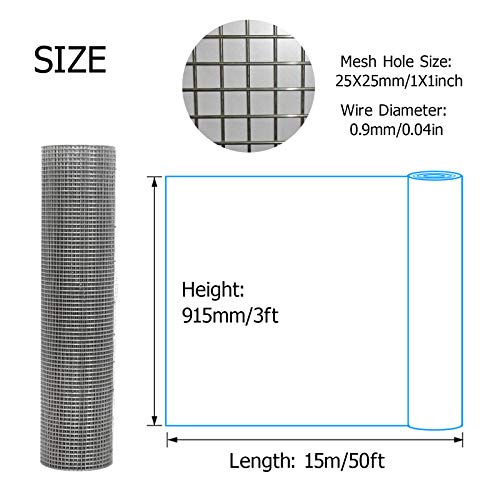 DICN 3ftX50ft Galvanized Welded Wire Gauze Welded Wire Mesh No Rust Mesh Hot-dipped Galvanized Welded Wire Mesh Fencing 0.04in Wire Chicken Coop Vegetables Garden Fruits Plants Animals Enclosure Net