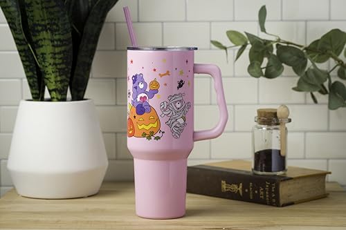 Image of Silver Buffalo Care Bears Featuring Harmony Bear, Cheer, Share Bear, and Trick-or-Sweet Halloween Double Walled Stainless Steel Tumbler with Handle and Straw, Fits in Standard Cup Holder, 40 Ounces