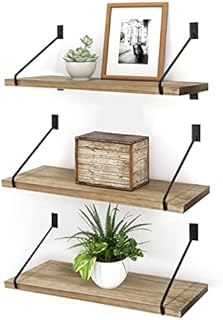 Gronda Wooden Floating Shelves Set of 3, Rustic Wall Mounted Shelves with Black Metal Brackets for Bathroom Kitchen Bedroom Living Room Office Plant Display Shelf Storage