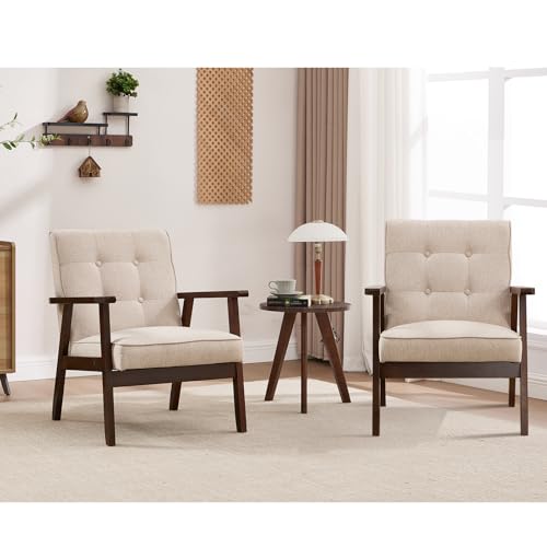 ANJ Mid Century Modern Accent Chairs, Set of 2, Tufted Fabric with Wood Frame, Beige