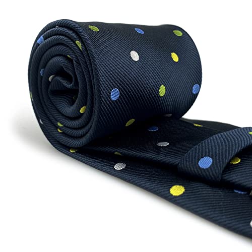 S&W SHLAX&WING Gravatas masculinas azul escuro com bolinhas verdes amarelas e brancas tamanho clássi