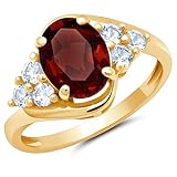 MAX + STONE Red Garnet Oval Sunburst Halo Ring for Women in 10k Yellow Gold with Created White Sapphire and January Birthstone Anniversary Ring Size 9