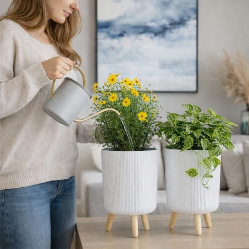 Image of Modern White Flower Pot with Legs | Big Planter | Indoor Outdoor Planter for Home,Garden, Balcony Decor | Tall, Durable & Lightweight Planter | Italian Ribbed Design Stylex (Pack of 1)