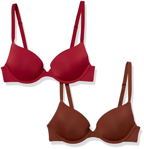 Amazon Essentials Women's Lightly Lined Plunge Bra, Pack of 2, Chocolate/Burgundy, 46C