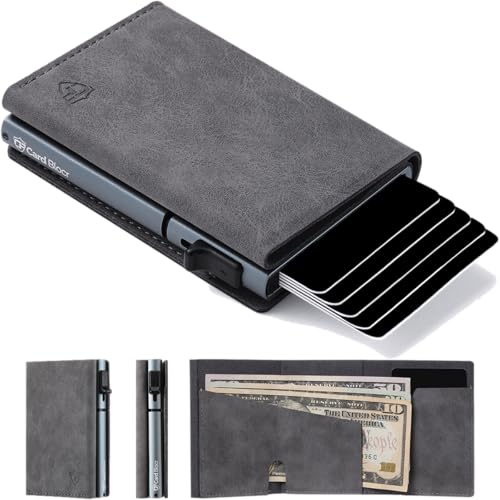 Image of Conceal Plus Pop Up Wallet for Men RFID Slim Card Holder - Titanium | Holds 4-6 Cards with Cash & ID Storage, Featuring One Click Metal Card Ejector & Slim Gray PU Leather Design for Daily Carry