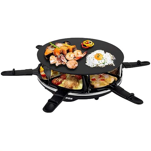 Syntrox Germany Raclette für 6 Personen Lillex, Rund mit Glas-Keramik Platte Emailliert, 900W Kompakter Party-Tischgrill Indoor, Antihaftbeschichtet, 6 Pfännchen & Spatel, Schwarz