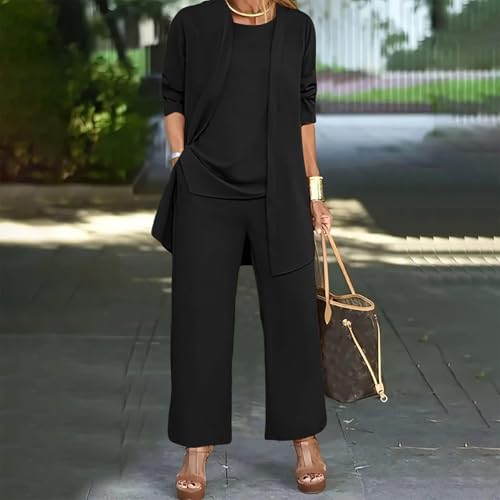 Womens Chiffon 3 Piece Outfit Sets Solid Formal Wide Leg Pant Suits Dressy Wedding Guest Pantsuits2