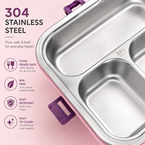 Image of Stainless Steel Lunch Box with 3 Compartments Leak Proof Airtight Lid BPA Free Food Storage Container Durable Portable Bento Tiffin for Kids Adults Office School Picnic (Light Pink)
