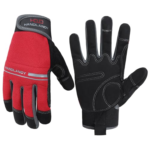 HANDLANDY Work Gloves Mens & Women, Utility Safety Mechanic Working Gloves Touch Screen, Flexible Breathable Yard Work Gloves (Large, Red)
