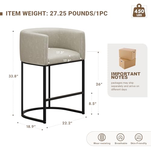 Image of 26 inch H Counter Height Bar Stools Set of 2, Modern Barrel Counter Stools with Backrest and Arms, Faux Leather Upholstered Accent Barstools for Kitchen Island,Support 450 LBS (Grayish White)