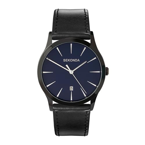 SEKONDA Men's Quartz Watch with Blue Dial Analogue Display and Black PU Strap 3536