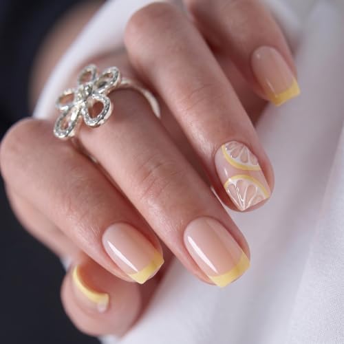 Image of CurvLife Soft Gel Squoval Press-On Nails Short, Reusable Fake Nails with Glue & Adhesive Tabs, 30PCS Salon-Quality Stick-On Nails for At-Home Manicure (Lemon Glaze)