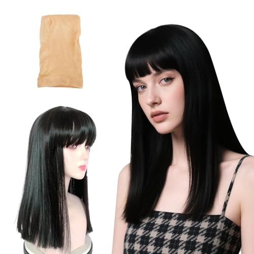 Asheyya Black Wig with Fringe 37 cm Medium Long Straight Synthetic Black Wigs for Women