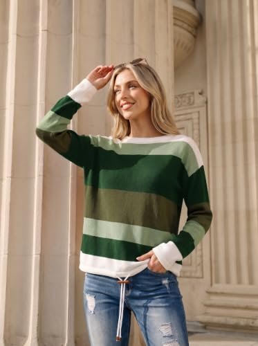 Image of Dokotoo Womens Sweaters Striped Fall Winter Outfits Drawstring Color Block | Long Sleeve,Crewneck,Lightweight Fashion Clothing,Teachers Comfy Outfits,Business Casual Tops,Vacation Wear