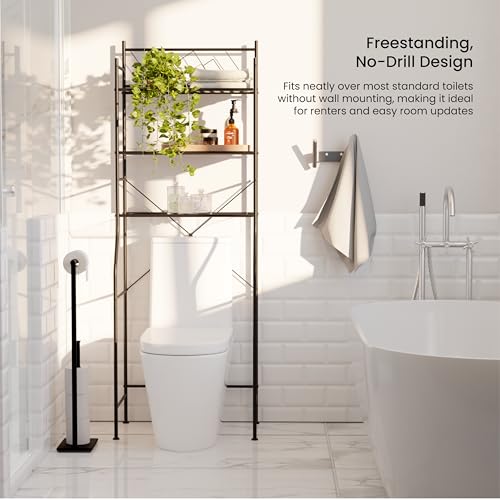 Image of Home Zone Living Over-the-Toilet Bathroom Storage Cabinet Organizer | Freestanding Steel Frame Design with 3-Tier Shelves, Wide Stabilizing Base and Adjustable Feet, Black