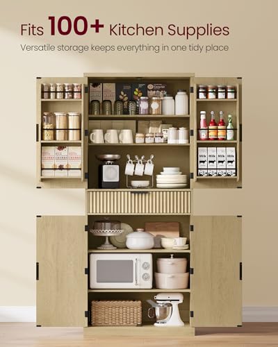 Image of VASAGLE MAXE Collection - Pantry Cabinet, 70.6-Inch Tall Storage Cabinet with Drawer, 6 Adjustable Shelves, 2 Cabinets, Fluted Doors, Mid Century Modern, for Kitchen Living Room, Oak Beige UBBK365Y01