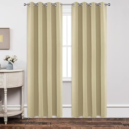 Joydeco Blackout Curtains 54 Inch Length 2 Panels Set, Thermal Insulated Long Curtains& Drapes 2 Burg, Room Darkening Grommet Drapes for Living Room Bedroom Window (W52 x L54 Inch, Beige) Be