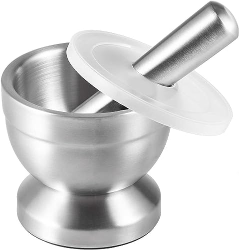 Bayli - Edelstahl Mörser mit Stößel & Deckel | Massiver Gewürzmörser für die Küche | Bruchfeste Kräutermühle | Gewürzmühle für Kräuter und Gewürze | Tabletten zerkleiner | Tablettenmörser