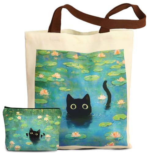 Image of AmiCera Valentine's Day Canvas Tote Bag for Women, Aesthetic Cat Gift Bag with Makeup Pouch Bag, Cute Fabric Tote Bag with Swimming Cat Pattern for Women Ladies Girls Working, Mother's Day Present