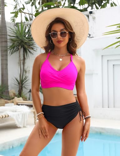 Image of Blooming Jelly Womens High Waisted Bikini Sets Drawstring Tummy Control Swimsuits Crisscross Tie Back Bathing Suit