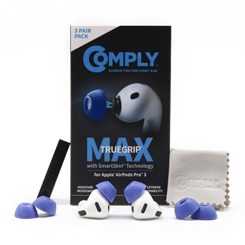 Image of Comply TrueGrip MAX | Premium Memory Foam Replacement Earbud Tips for Apple AirPods Pro Gen 3 | Long Lasting Comfort, MAX Durability, Secure Fit, Superior Noise Isolation| Blue (Large) (3 Pairs)