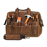Leather Tool Bag Wide Mouth Tool Storage Bag for Hand Tools 16 inch Tool Tote Bag, Gardening, Outdoorsmen, Heavy Duty Organizer Electrician Tool Bag
