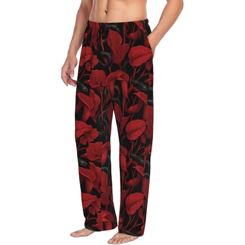 Mens Pajama Pants - Black Snake Red Flower Print Soft Sleep Lounge Pants For Men, Casual Pj Bottoms With Pockets