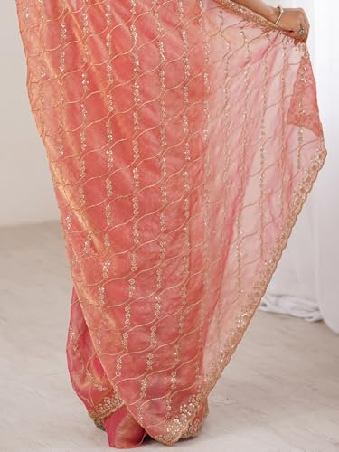 Image of AKHILAM Women's Shimmer Chiffon Heavy Sequence Embroidery Work Saree With Unstitched Blouse Piece (VT798A VM Parent)