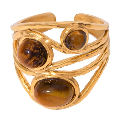 Layered Round Stone Open Wrap Ring for Women Stainless Steel Gold-Toned 3 Layers Turquoise Wide Adjustable Finger Rings Comfort Fit Dainty Jewelryfor Holiday Wedding