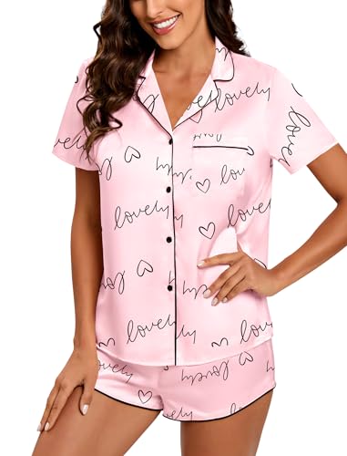 Image of Silk Pajamas for Women Satin Womens PJ Set 2 Piece Short Lounge Set Summer Sleepwear Notch Collar Button-Down Pjs