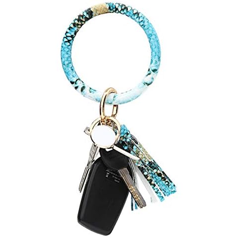 Crazy Feng Keychain Bracelet Key Ring with Tassel, Fashion Wristlet Key Holder, Large Leather Bangle for Women (A Snakeskin-Blue) Cover